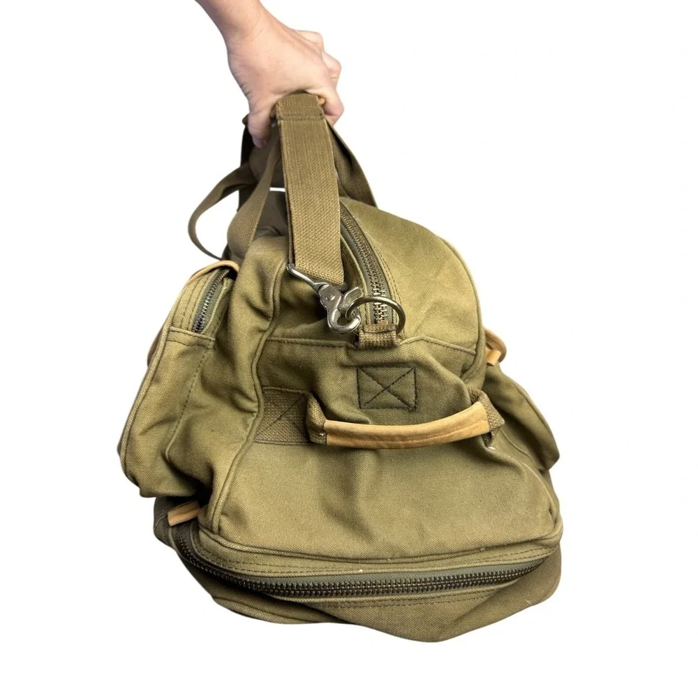 Vintage Eddie Bauer Army Green Safari Canvas Leather Duffle Shoulder Utility Bag